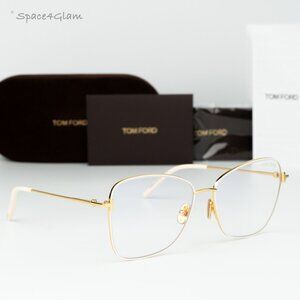 Tom Ford Woman Eyeglasses Ivory Gold Clear Blue Block Butterfly FT5906-B 025 NEW